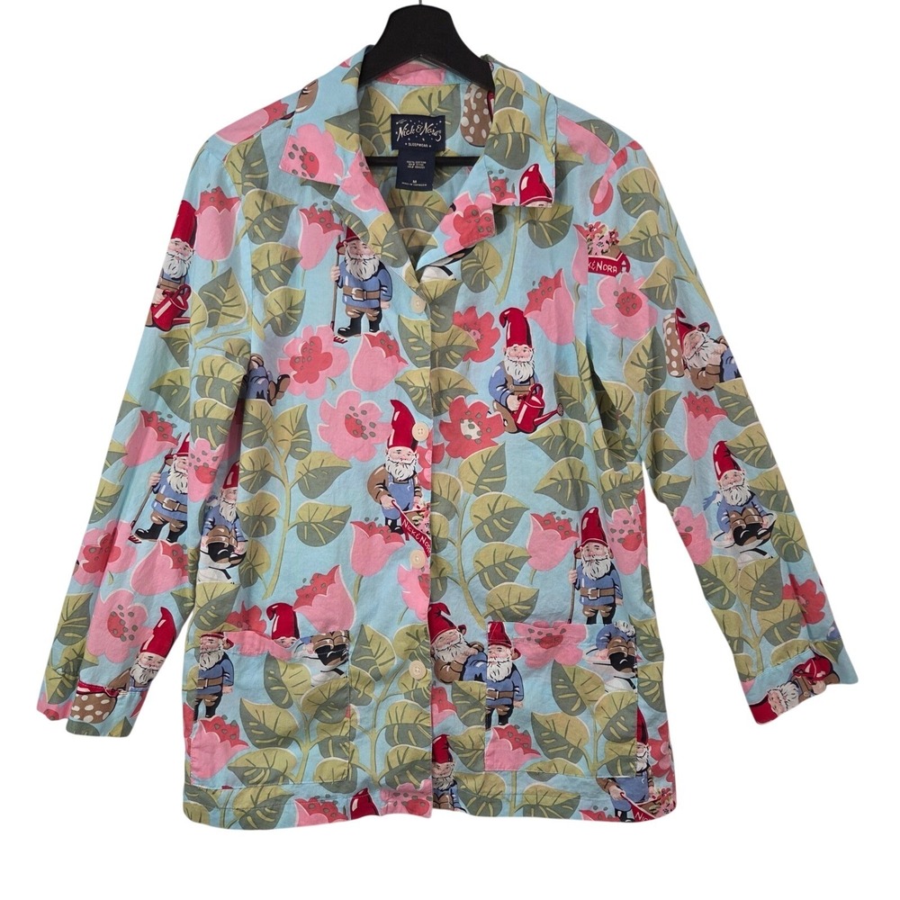 Nick & Nora Pajama Top Womens M Gnome Garden Floral Blue Cotton Y2K Cottagecore